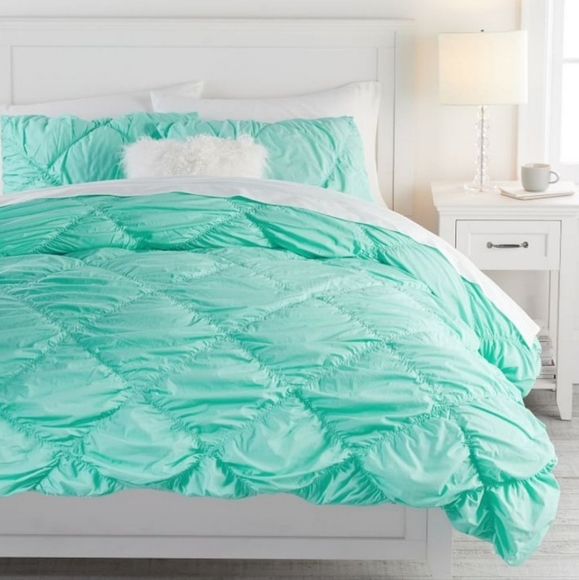 Pottery Barn Organic Ruched Diamond Twin XL Duvet Cover & Sham Turquoise Blue - Picture 10 of 10